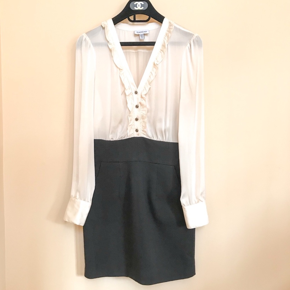 BEBE Silk Wool Blouse Shirt Dress Black Ivory